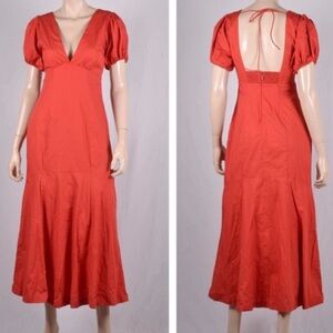 Abercrombie & Fitch Puff Sleeve Poplin Midi Dress - Red